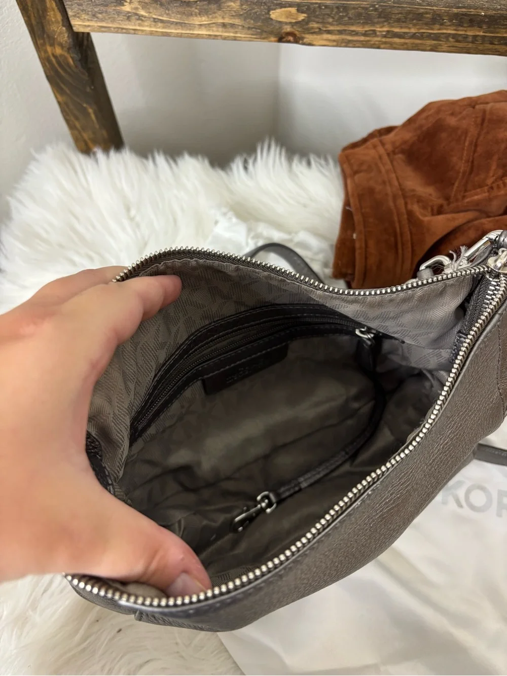 Michael Kors Metallic Pewter Pebbled Leather Hobo with Chain Strap